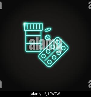 Pills bottle and blister icon in glowing neon style. Medical tablets symbol. Vector illustration. Stock Vector