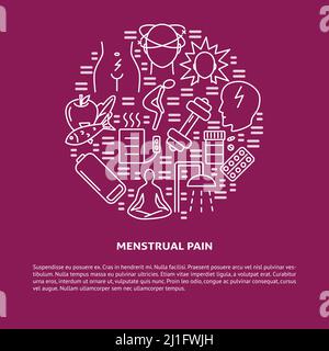 Menstruation round concept banner in line style. Menstrual pain symptoms and treatment symbols set. Medical vector illustration. Stock Vector