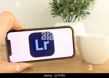 KONSKIE, POLAND - March 20, 2022: Adobe Lightroom logo displayed on mobile phone Stock Photo