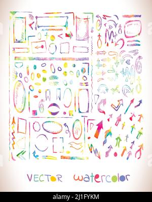Hand drawn arrow icons set. Set of colorful watercolor arrows isolated on white background. Stock Vector