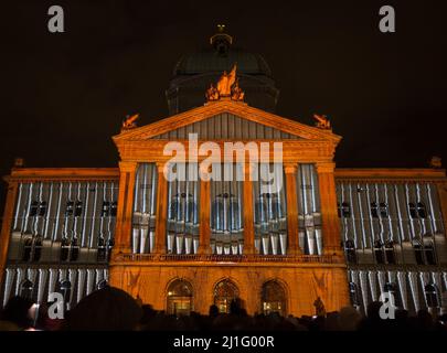 BERN - November 11: Light Show 'Rendesz-vous Bundesplatz' projected on the Swiss government building (Bundeshaus) on November 11, 2017 in Bern, Switze Stock Photo