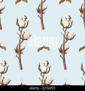 Seamless pattern with dried cotton flowers. Vector. Stock Vector