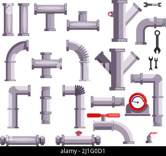 Set of tubes and pipes. Hand tool, ball valve, gauge, wrenches. Can be used for topics like gas industry, water supply, repair Stock Vector