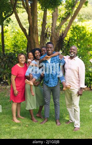 Portrait of happy african american multi-generational family spending weekend together Stock Photo