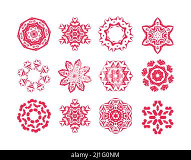 Collection of different red snowflakes. Winter abstract pattern Stock Vector