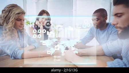 Composition of screen with digital data processing over business people using smartphones Stock Photo