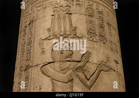 Column carving of a Ptolemaic pharaoh at the Temple of Kom Ombo, in Aswan, at night Stock Photo