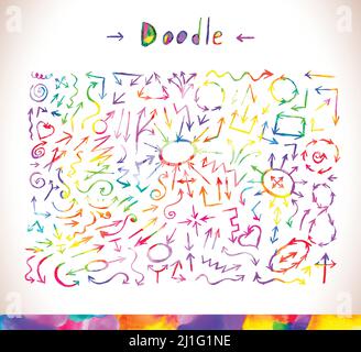 Big set of arrow doodle. Hand drawn shapes circles squares speech bubbles lines. Stock Vector