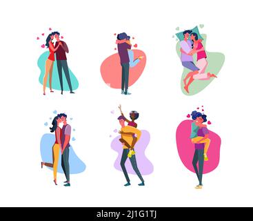 Set of affectionate couples embracing in love. Happy young men and women lovers hugging, holding hands, kissing, dating together. Romantic feelings, p Stock Vector