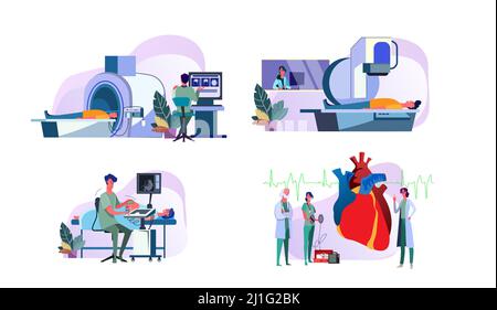 Set of doctors operating medical equipment examining patients. Diagnostic MRI tomograph, ultrasound scanner, X-ray machine scanning people. Heart card Stock Vector