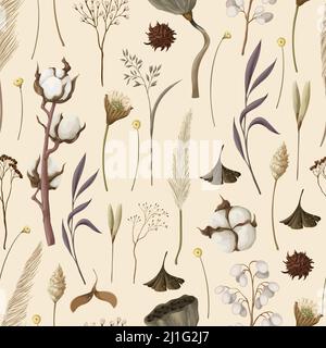 Seamless pattern with dried autmn flowers. Vector. Stock Vector