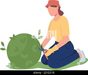 Woman pruning bush in garden semi flat color vector character Stock Vector