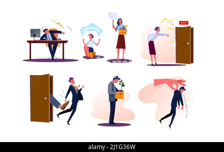Set of fired business men and women employees with boxes. Angry bosses firing and shouting at workers dismissed from job. Upset people being kicked ou Stock Vector