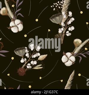 Seamless pattern with dried autmn flowers. Vector. Stock Vector