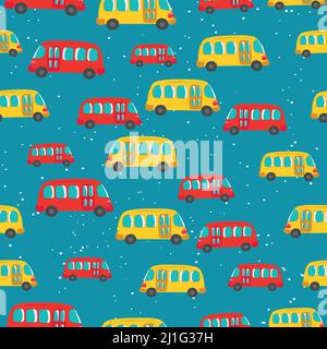 Seamless pattern with cute bus, car on color background. Cartoot transport. Vector illustration. Doodle style. Design for baby print, invitation Stock Vector