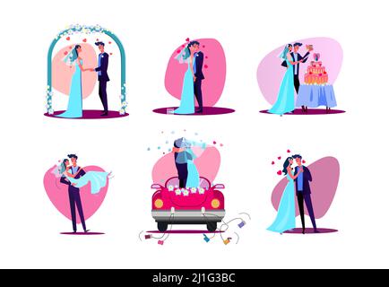 Set of just married couple. Flat vector illustrations of bride and groom during wedding day. Wedding concept for banner, website design or landing web Stock Vector