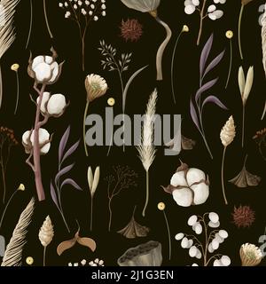 Seamless pattern with dried autmn flowers. Vector. Stock Vector