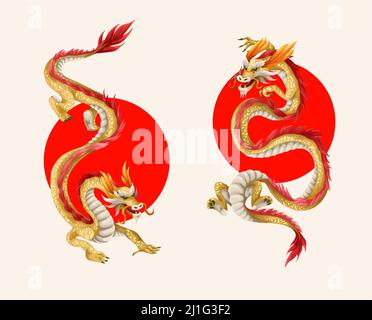 Dragons on the red circle. Oriental trendy print. Stock Vector