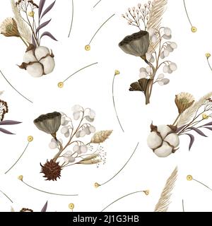 Seamless pattern with dried autmn flowers. Vector. Stock Vector