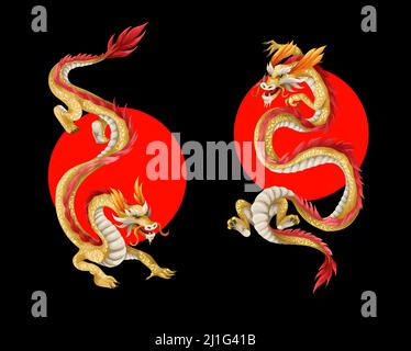 Dragons on the red circle. Oriental trendy print. Stock Vector