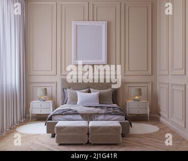 Bedroom with window in pastel colors, classic, with double bed, bedside table, paintings. 3D bedroom render