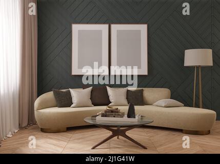 blank picture above sofa in dark green interior scene, living room with sofa, floor lamp, and coffee table. 3d render Stock Photo
