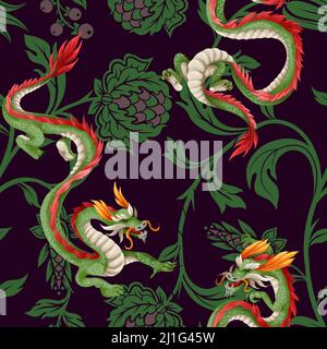 Seamless pattern with dragons and flowers. Oriental trendy print Stock Vector