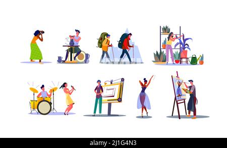 Set of young people with various professions. Flat vector illustrations of photographer, potter, florist, singer, architect. Work specialisation conce Stock Vector