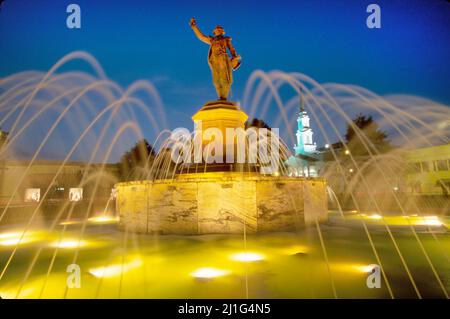 Georgia La Grange La Fayette Square fountain water,LePuy France Marquis de LaFayette statue memorial public art,night, Stock Photo