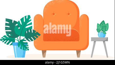 Orange chair with home plants. Home interior with sofa, house plants in pots, table. Vector Stock Vector