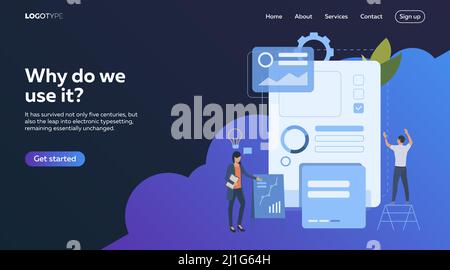 Flat vector illustration of business people making report. Development, optimization, teamwork. Business process and technology concept for banner, we Stock Vector