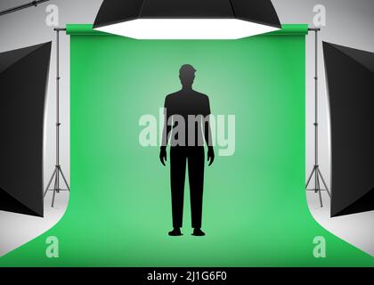 Man model standing on a green background in the photo studio with lighting setup. Photo shooting technique vector illustration. Stock Vector