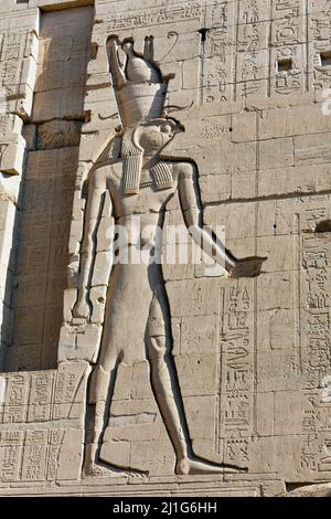 Carving of Horus on the eastern tower of the second pylon in the Temple of Isis at Philae Stock Photo