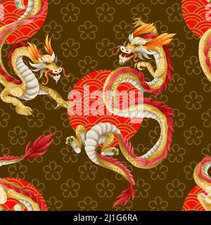 Seamless pattern with dragons. Oriental trendy print. Stock Vector