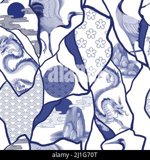 Seamless pattern with dragons in kintsugi style. Oriental trendy print Stock Vector