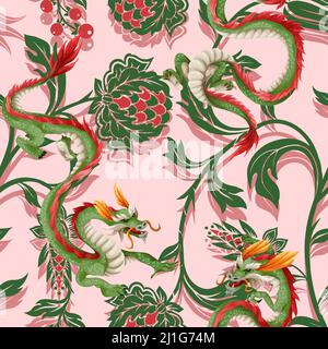 Seamless pattern with dragons and flowers. Oriental trendy print Stock Vector