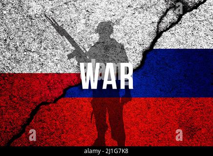 Poland and Russia conflict, war and invade concept. Armed men silhouette. Flags painted on concrete wall background Stock Photo