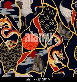 Seamless pattern with dragons in kintsugi style. Oriental trendy print. Stock Vector