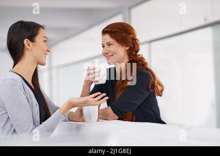 They love their coffee breaks. Two female colleagues chatting over coffee during their break. Stock Photo