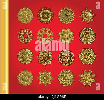Traditional snowflakes on red background.  Art nouveau round ornaments. Stock Vector