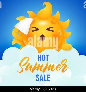 Hot summer sale lettering and sun cartoon character. Tourism, summer offer or sale advertising design. Handwritten and typed text, calligraphy. For le Stock Vector