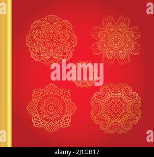 Golden vector traditional snowflakes on red background. Stock Vector