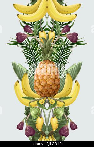Seamless pattern with pineapples, bananas, figs and tropical leaves. Vector. Stock Vector