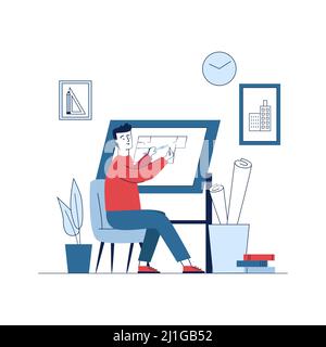 Architect working on plan at drawing board. Sitting man measuring length with ruler flat vector illustration. Architecture, planning, drafting concept Stock Vector