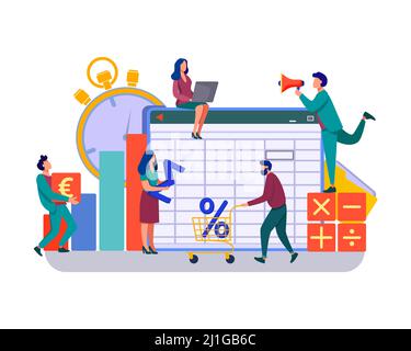 Accounting app vector illustration. Professionals working on financial reports, analyzing data sheet. Team of accountant using bookkeeping software Stock Vector