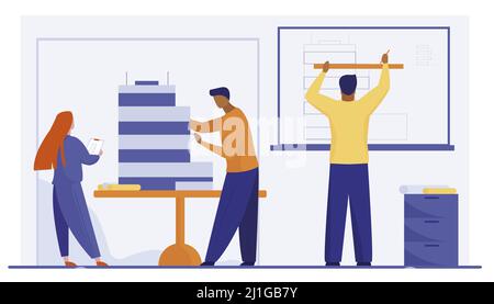 Architects working on building model. People developing blueprint and maquette flat vector illustration. Architecture, drafting, construction concept Stock Vector