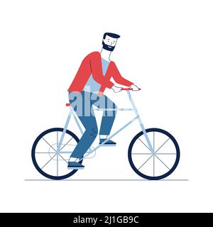 Bearded man riding bike. Male character travel by bicycle flat vector illustration. Eco transport, outdoor activity, cycling concept for banner, websi Stock Vector