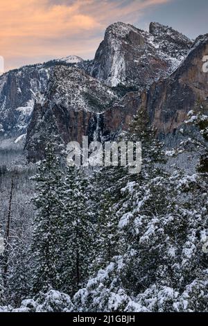 Bridalveil Falls and Cathedral Spires elevated view in a winter morning, Yosemite National Park Stock Photo