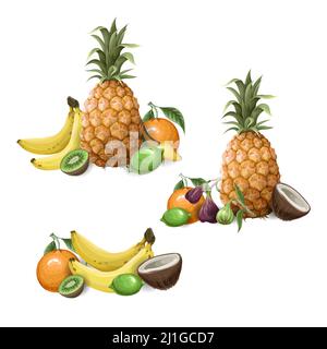 Seamless pattern withSet of tropical fruits such as pineapple, orange, fig, banana etc. Vector. Stock Vector