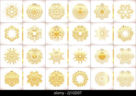 Vector templates with  gold and white mandala. Geometric logo template set.  Vector templates for  wedding design, kaleidoscope, medallion, india, ara Stock Vector